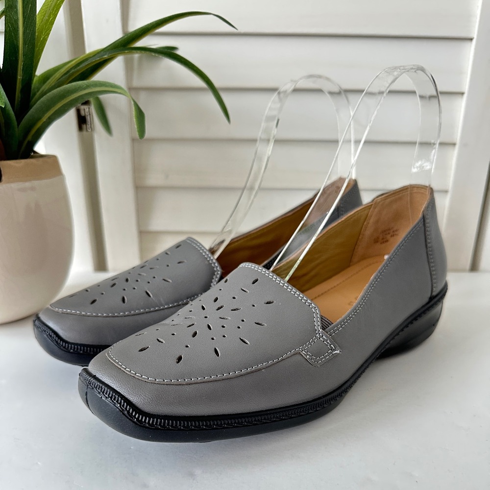 Hotter Topaz Gray Leather Slip On Loafers Comfort Shoes Lasercut Womens‎ US 9.5